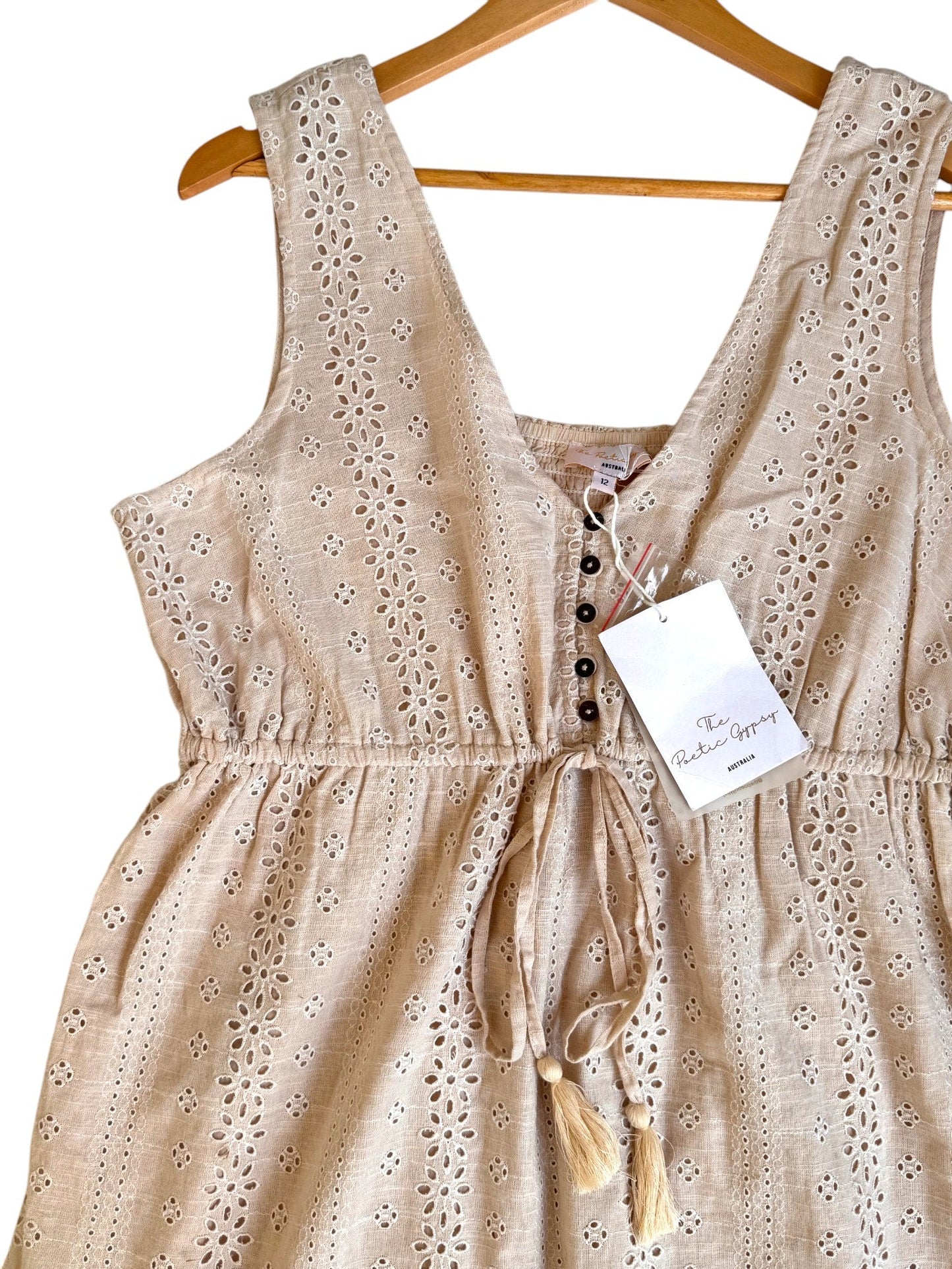 The Poetic Gypsy Beige Floral Eyelet Cotton Tiered Midi Dress – Button-Up & Waist Tie