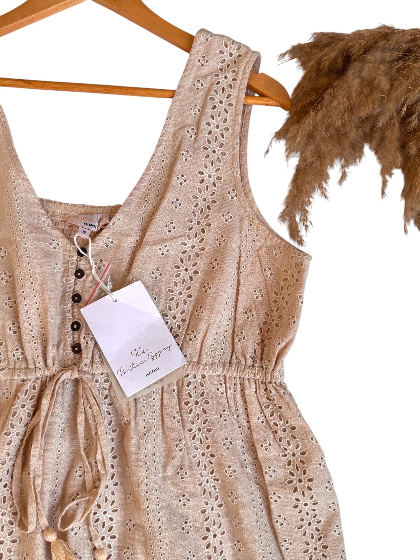 The Poetic Gypsy Beige Floral Eyelet Cotton Tiered Midi Dress – Button-Up & Waist Tie