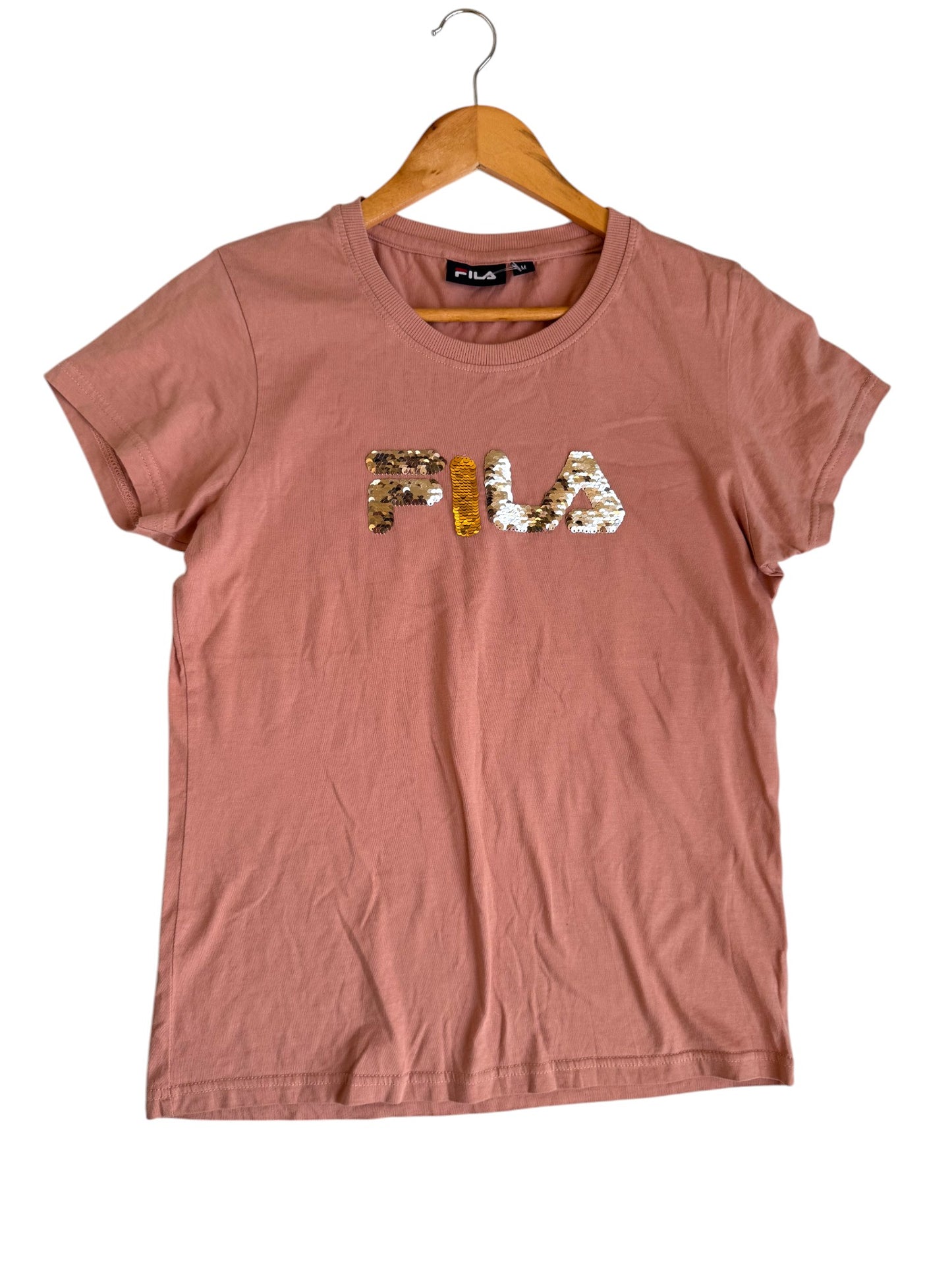 FlLA Sequin Logo Tee in Old Rose Pink