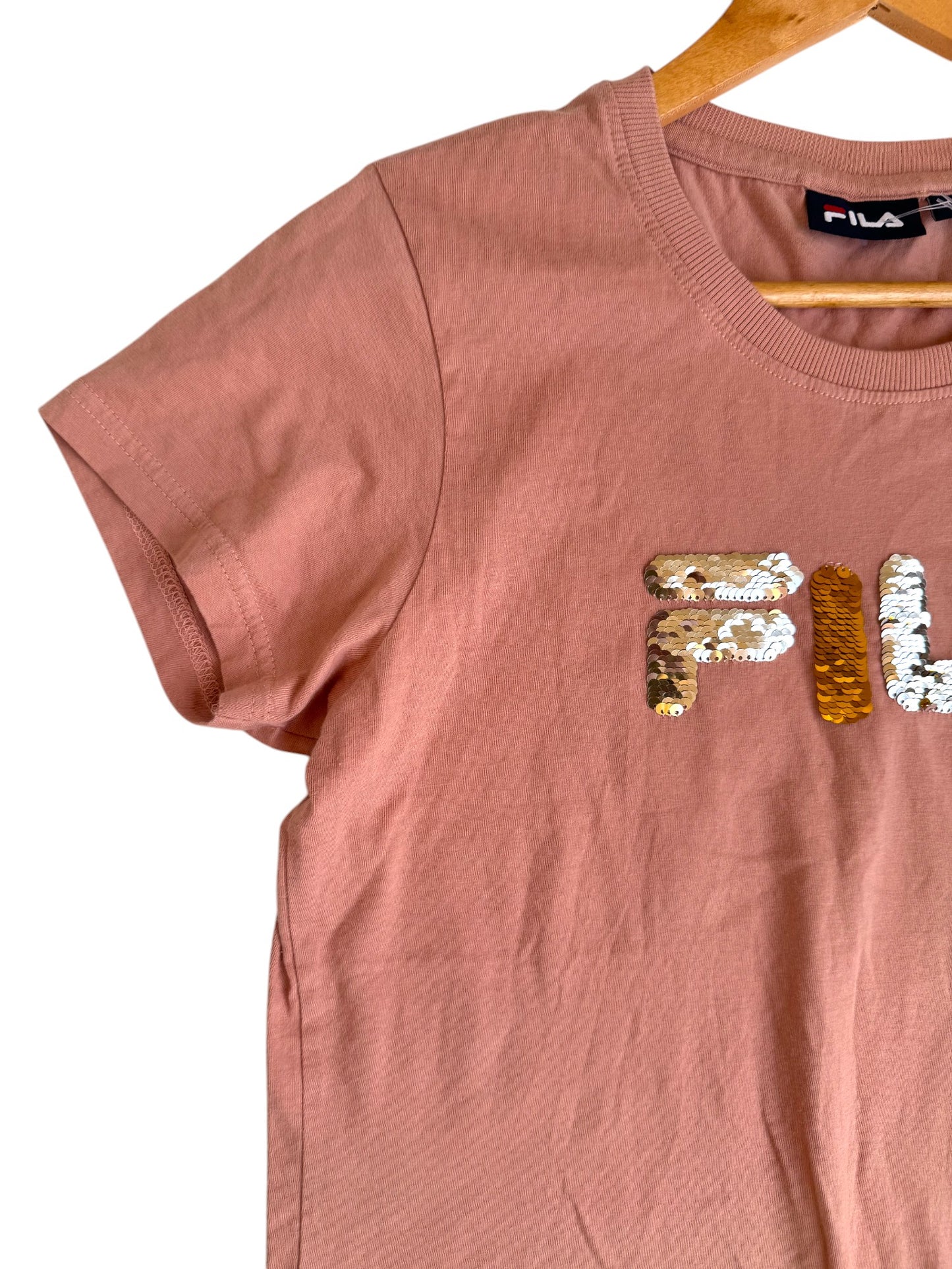 FlLA Sequin Logo Tee in Old Rose Pink