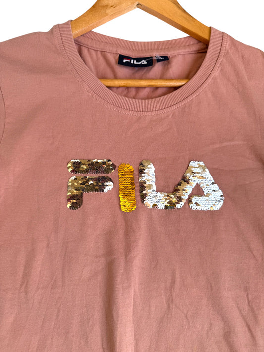 FlLA Sequin Logo Tee in Old Rose Pink