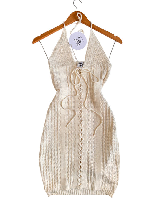 Princess Polly White Crocheted Halter Mini Dress with Lace-Up Front