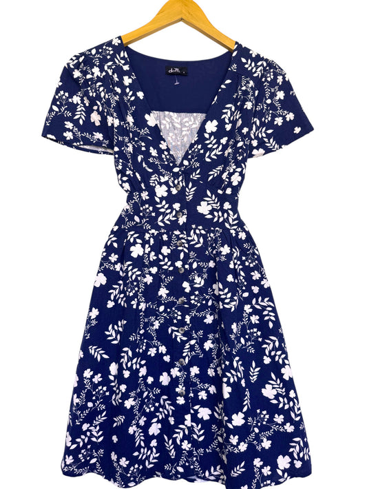 Dotti Navy Blue & White Floral Dress – Chic & Versatile