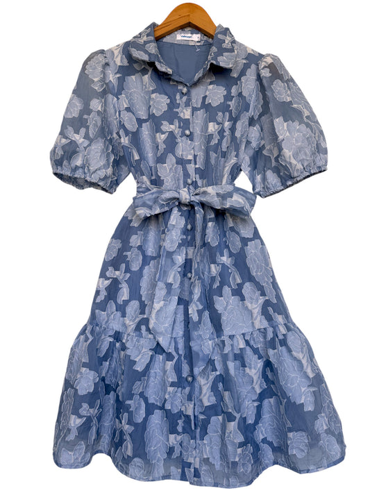 Valle'ygirl Light Blue Floral Patch Puff Sleeve Dress