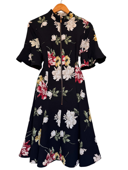 CUE Dainty Black Floral A-Line Dress – Elegant & Feminine