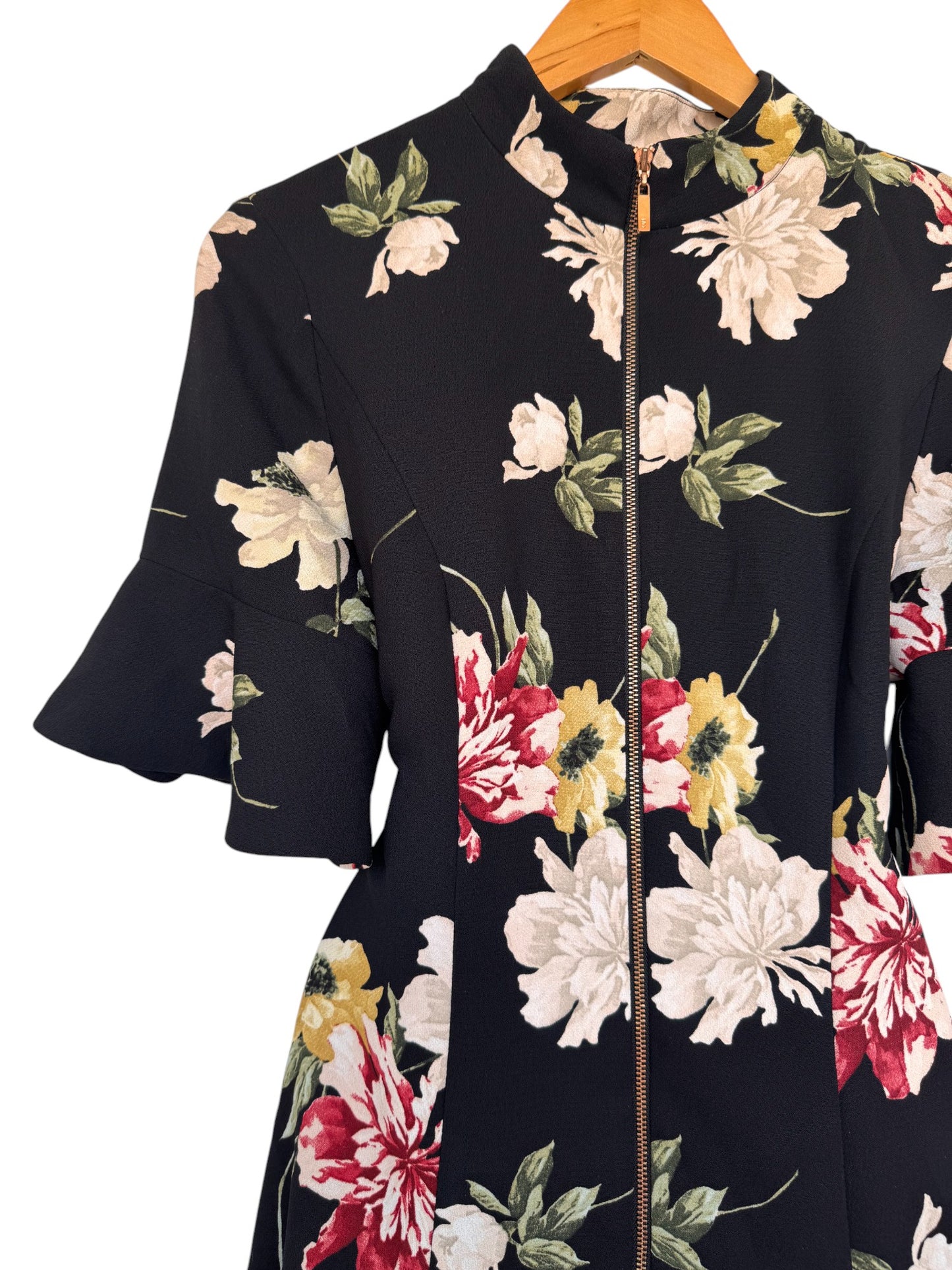 CUE Dainty Black Floral A-Line Dress – Elegant & Feminine