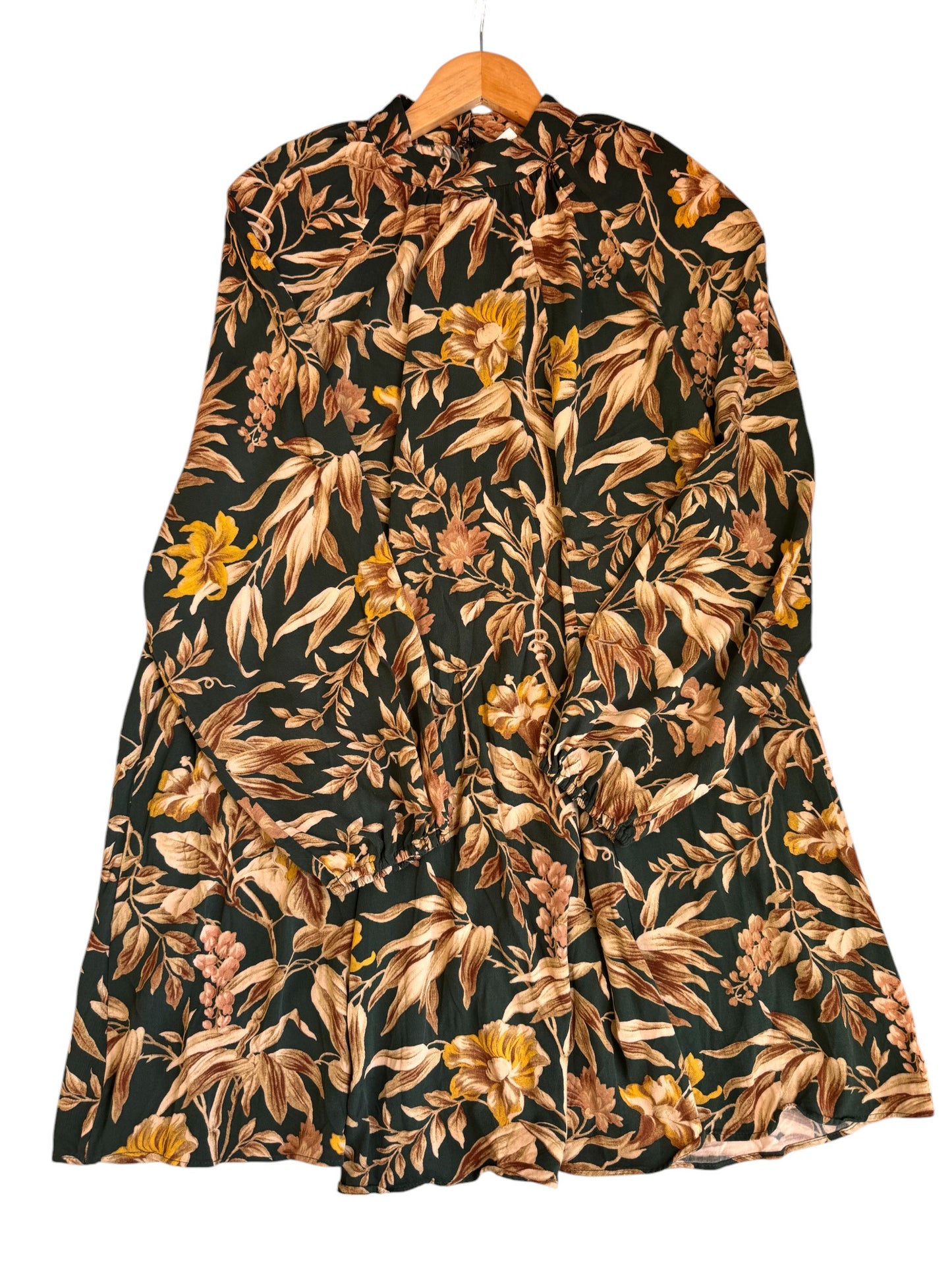 H&M Vintage-Inspired Balloon-Sleeved Shift Dress – Dark Green & Brown Floral