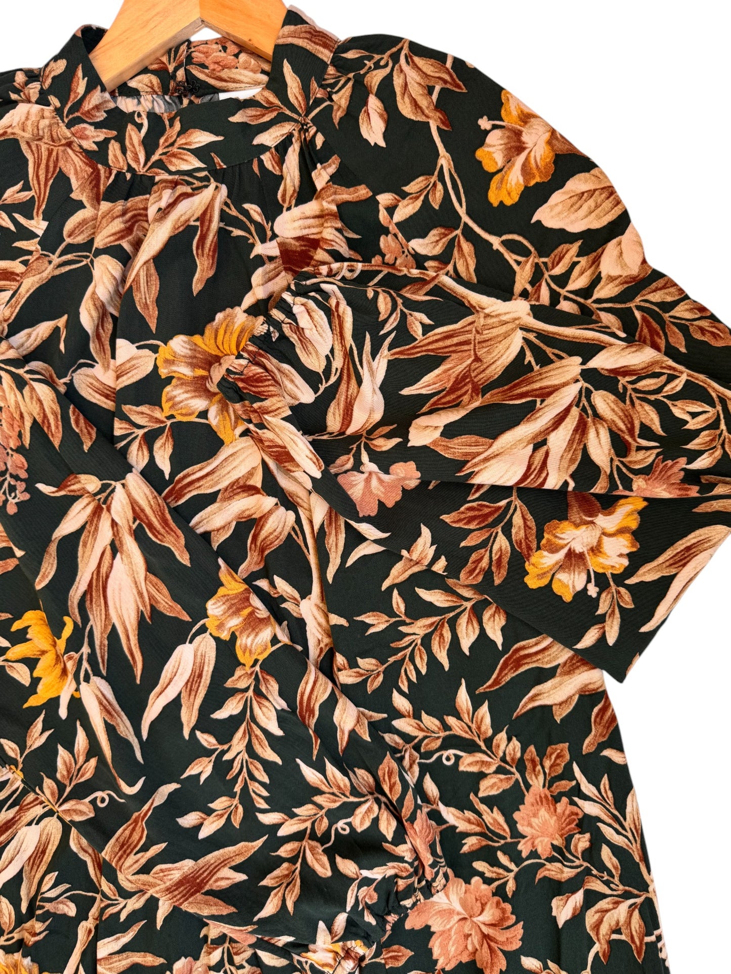 H&M Vintage-Inspired Balloon-Sleeved Shift Dress – Dark Green & Brown Floral