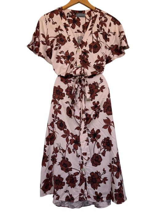 Jaqui-E Beige Floral Button-Down Dress – Soft Linen-Blend with Waist Tie