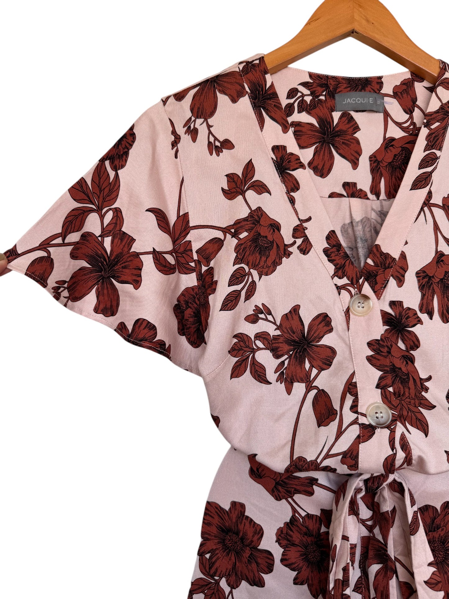 Jaqui-E Beige Floral Button-Down Dress – Soft Linen-Blend with Waist Tie