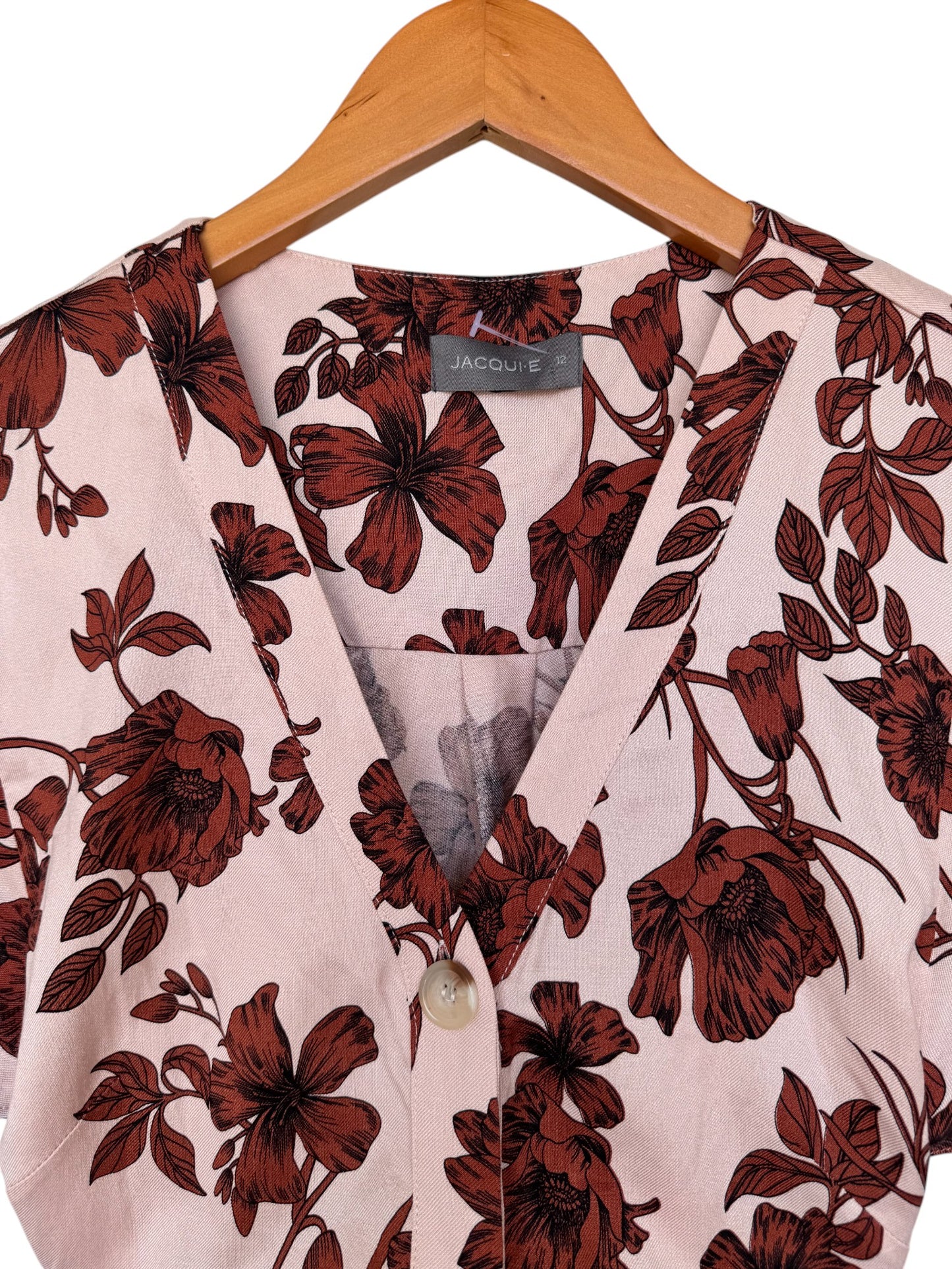 Jaqui-E Beige Floral Button-Down Dress – Soft Linen-Blend with Waist Tie