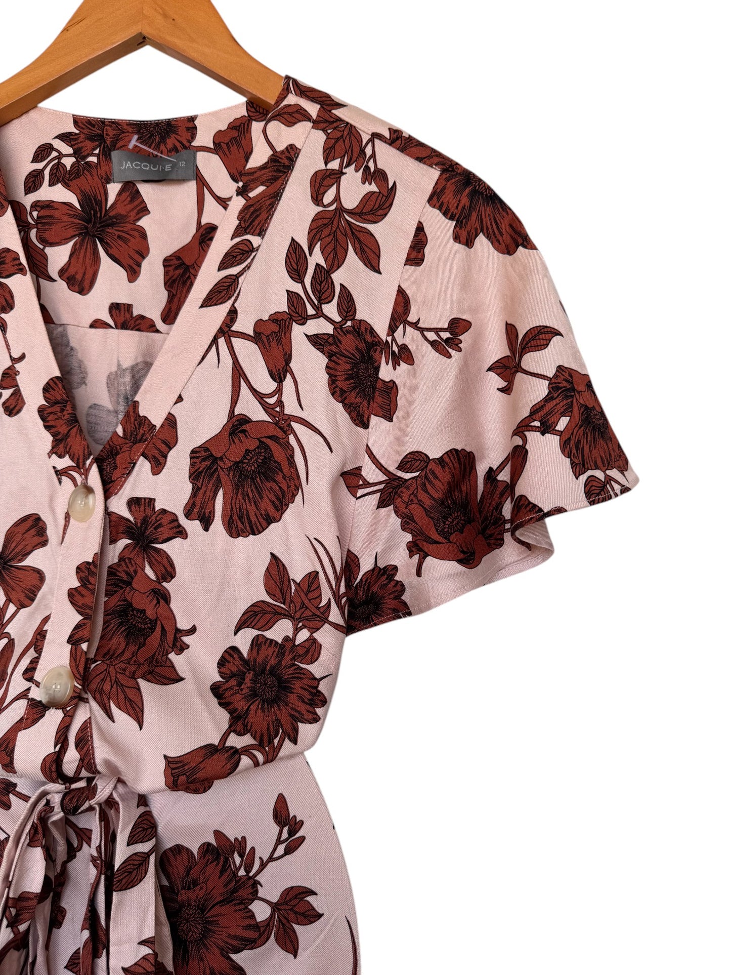 Jaqui-E Beige Floral Button-Down Dress – Soft Linen-Blend with Waist Tie
