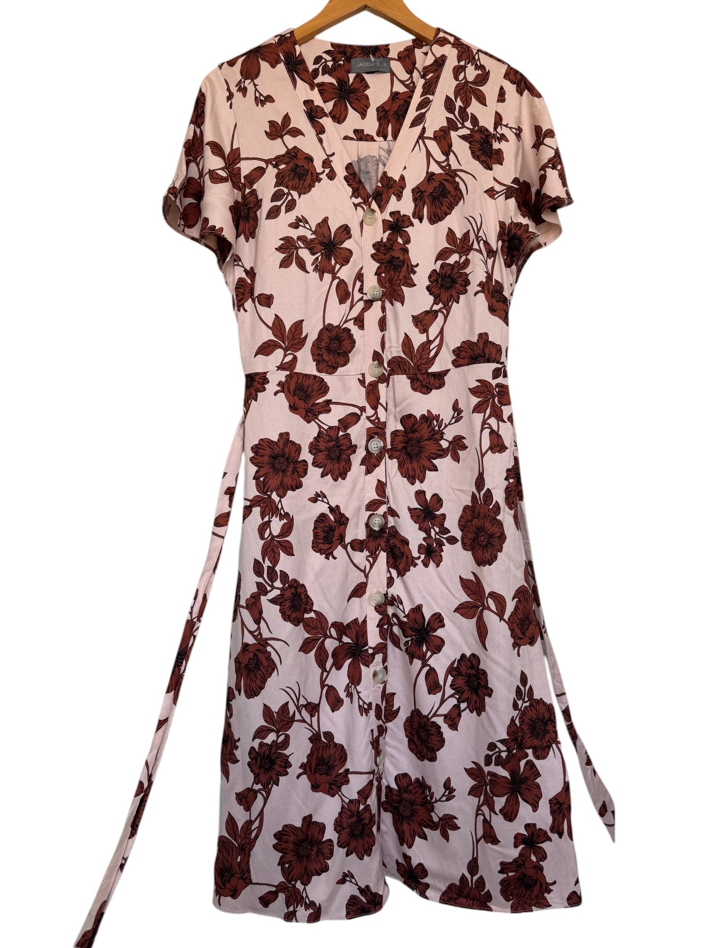 Jaqui-E Beige Floral Button-Down Dress – Soft Linen-Blend with Waist Tie