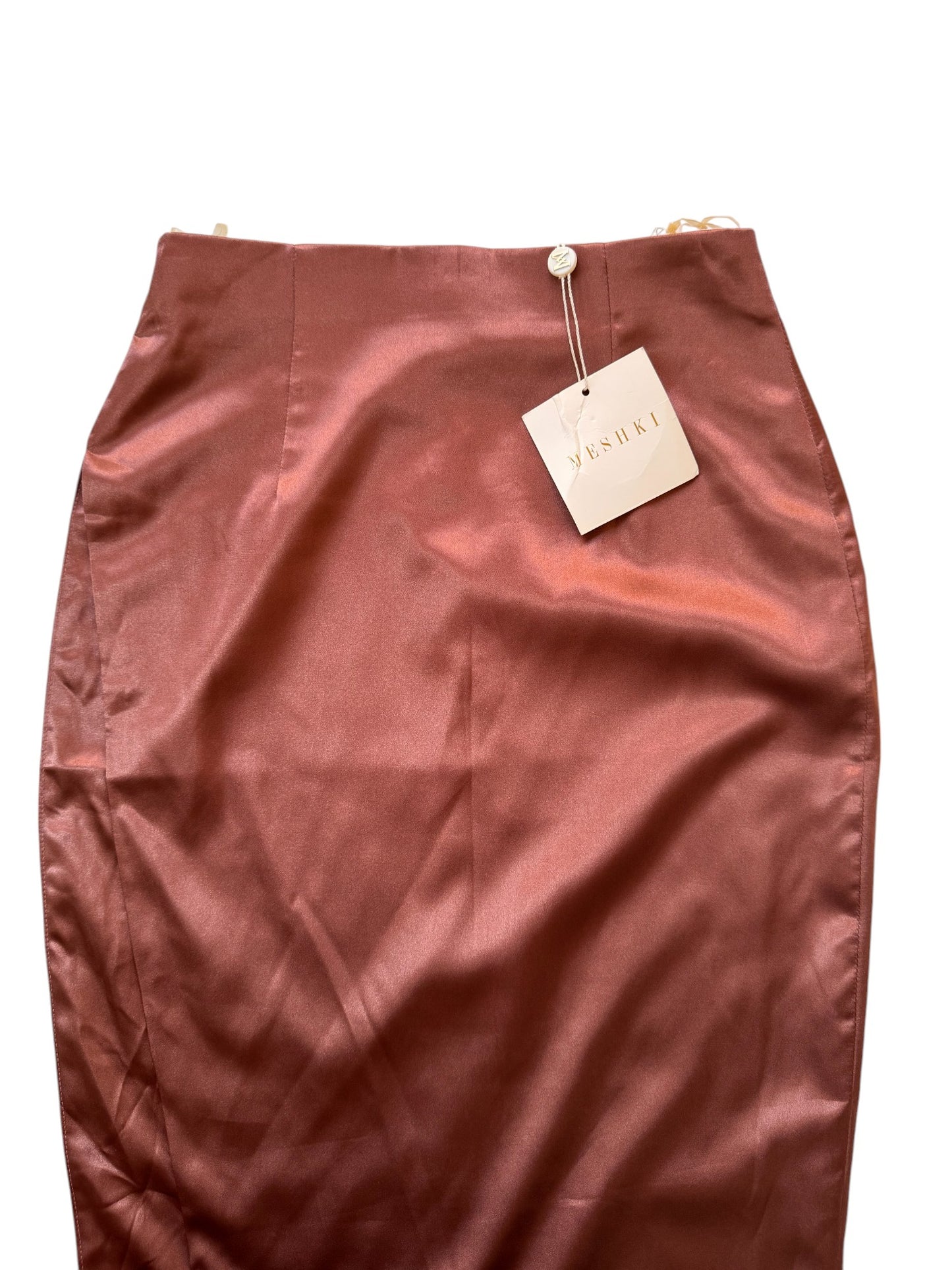 MESHKI Sionne Chocolate Satin Maxi Split Pencil Skirt