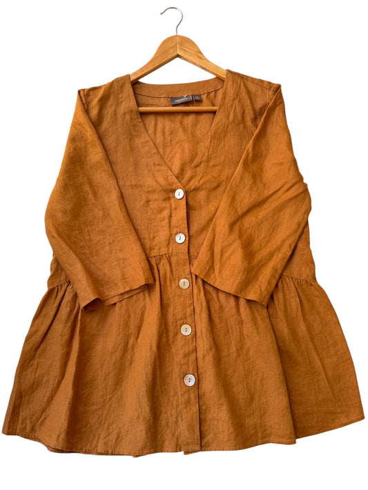SUSSAN Camel Brown Linen Babydoll Top – Minimalist Style with a Breezy Silhouette