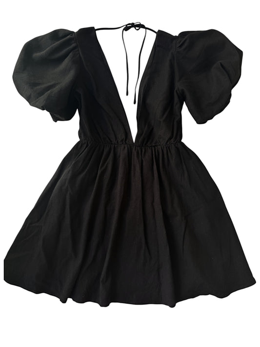 Meshkl – Black Linen Puff Sleeve Mini Dress with Plunging Neckline | UK 10 | Unworn with Tag