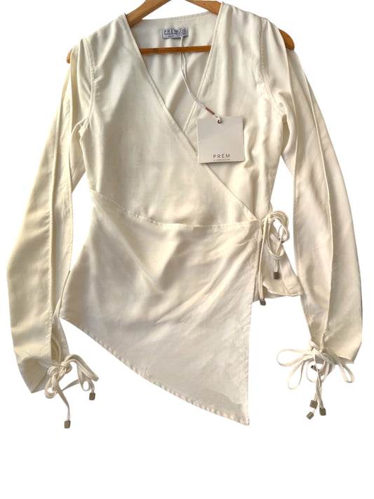 White Asymmetrical Wrap Top with Cut-Out Sleeves