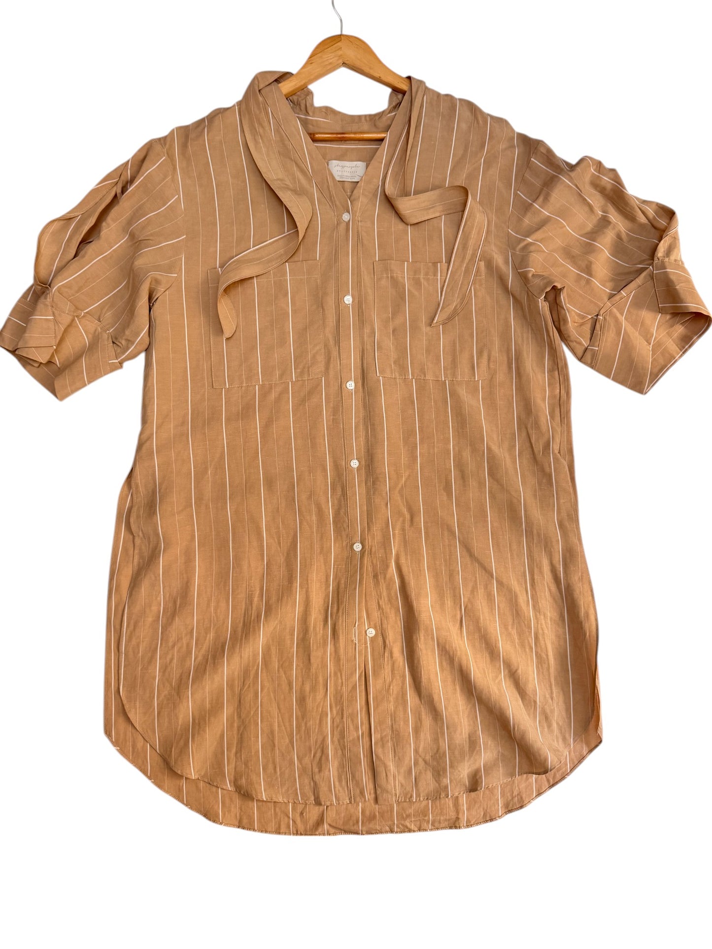 Beige Striped Oversized Linen Shirt Dress – Korean Minimalist Style