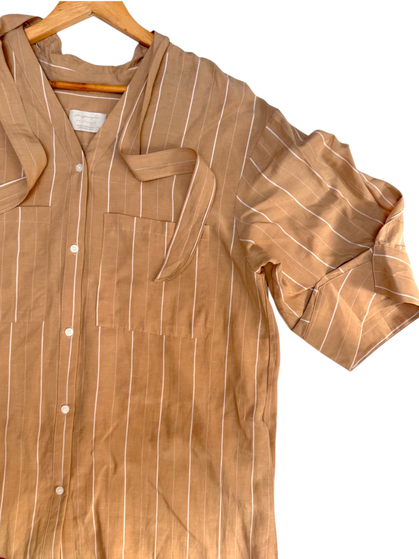 Beige Striped Oversized Linen Shirt Dress – Korean Minimalist Style