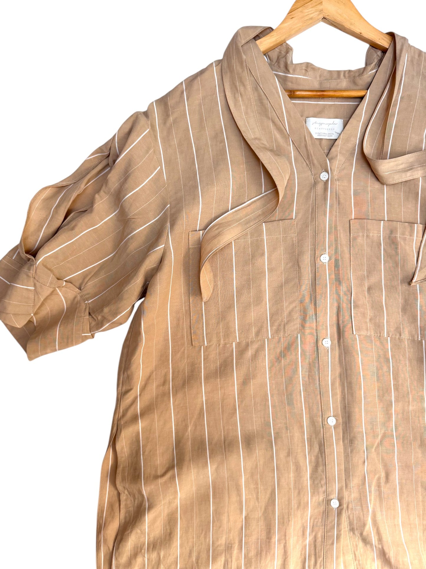Beige Striped Oversized Linen Shirt Dress – Korean Minimalist Style