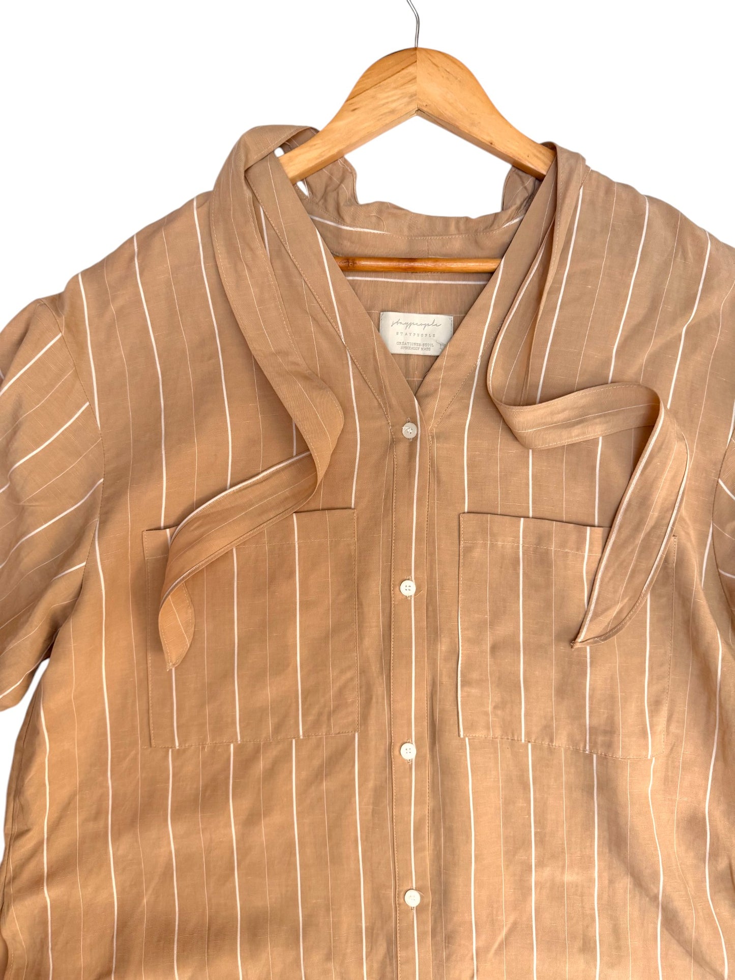 Beige Striped Oversized Linen Shirt Dress – Korean Minimalist Style