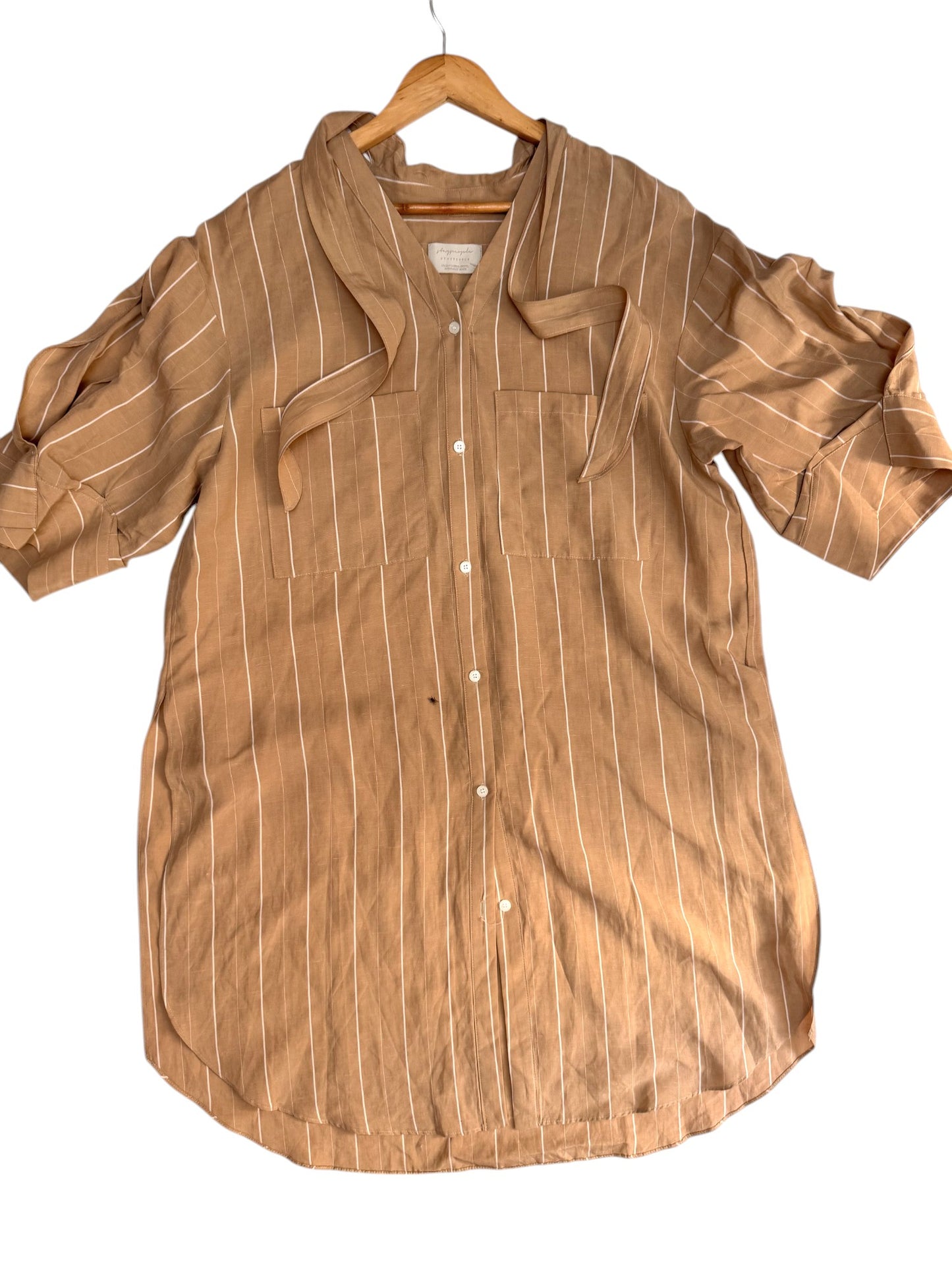 Beige Striped Oversized Linen Shirt Dress – Korean Minimalist Style