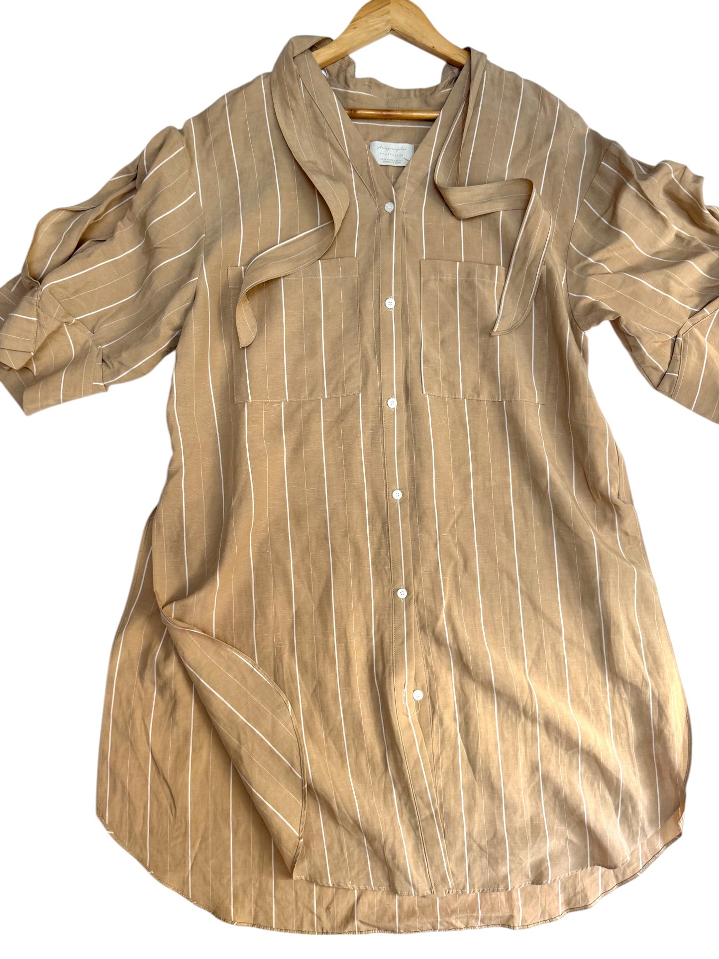 Beige Striped Oversized Linen Shirt Dress – Korean Minimalist Style