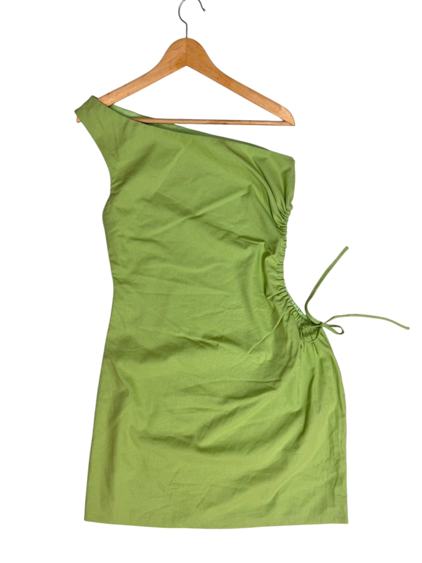 Apple Green One-Shoulder Mini Dress – Ruched Detail & Side Tie