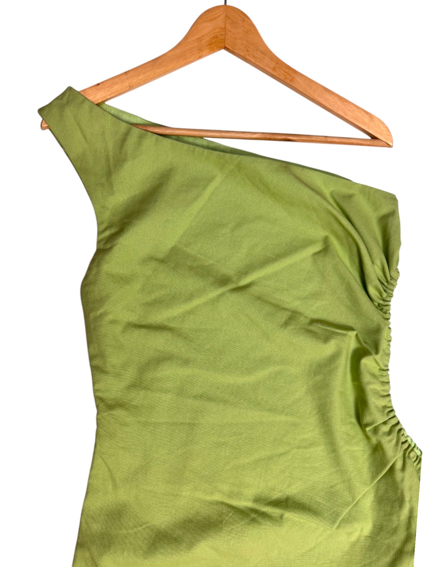 Apple Green One-Shoulder Mini Dress – Ruched Detail & Side Tie