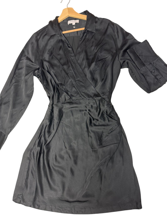 Witchery Black Satin Long Sleeve V-Neck Faux Wrap Mini Dress