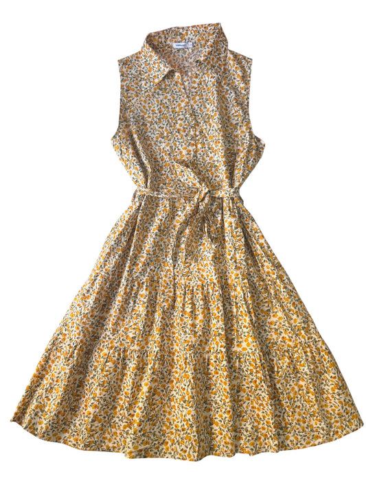 Valleygirl Yellow Micro Floral Cotton Midi Tiered Dress – Sleeveless with Collar