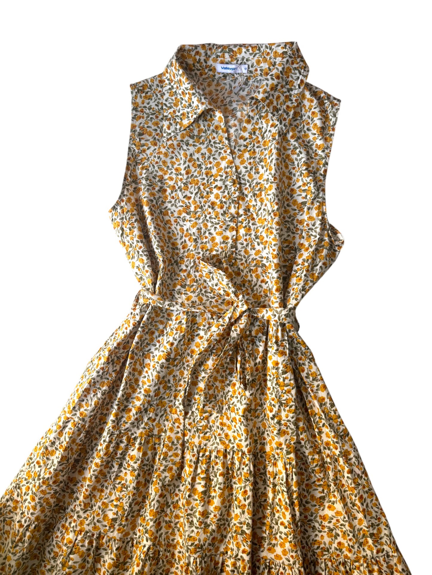 Valleygirl Yellow Micro Floral Cotton Midi Tiered Dress – Sleeveless with Collar