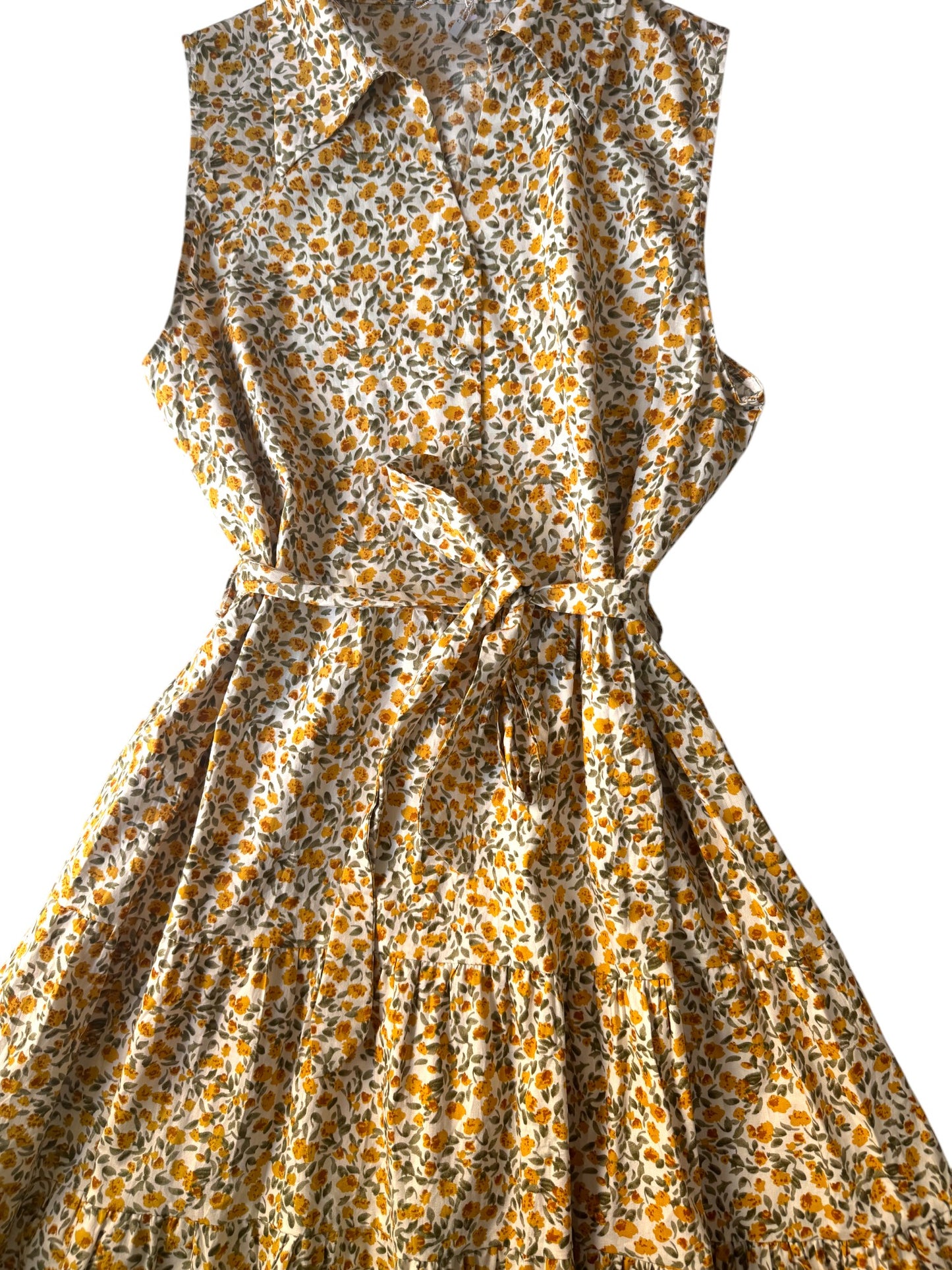 Valleygirl Yellow Micro Floral Cotton Midi Tiered Dress – Sleeveless with Collar