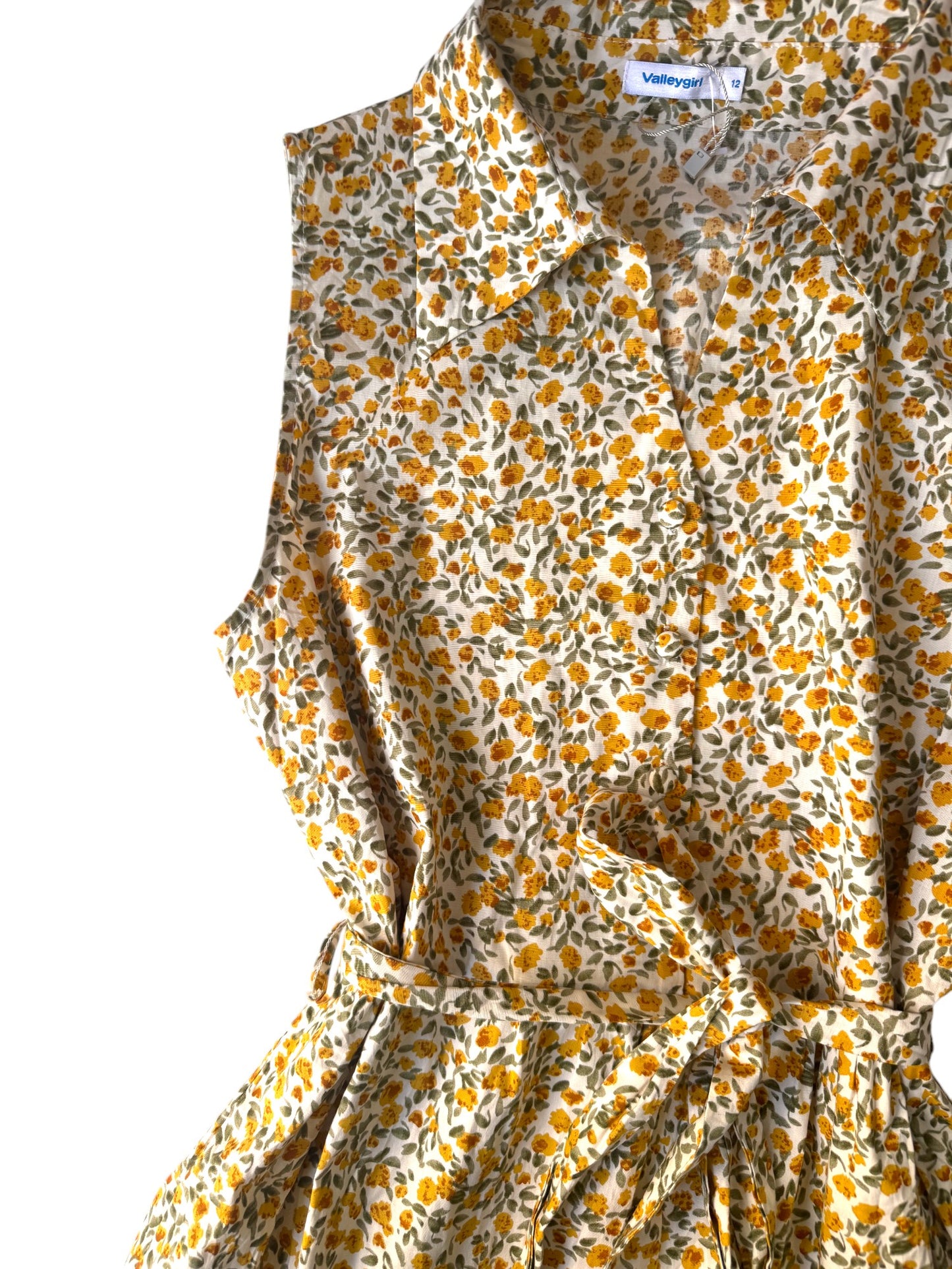 Valleygirl Yellow Micro Floral Cotton Midi Tiered Dress – Sleeveless with Collar