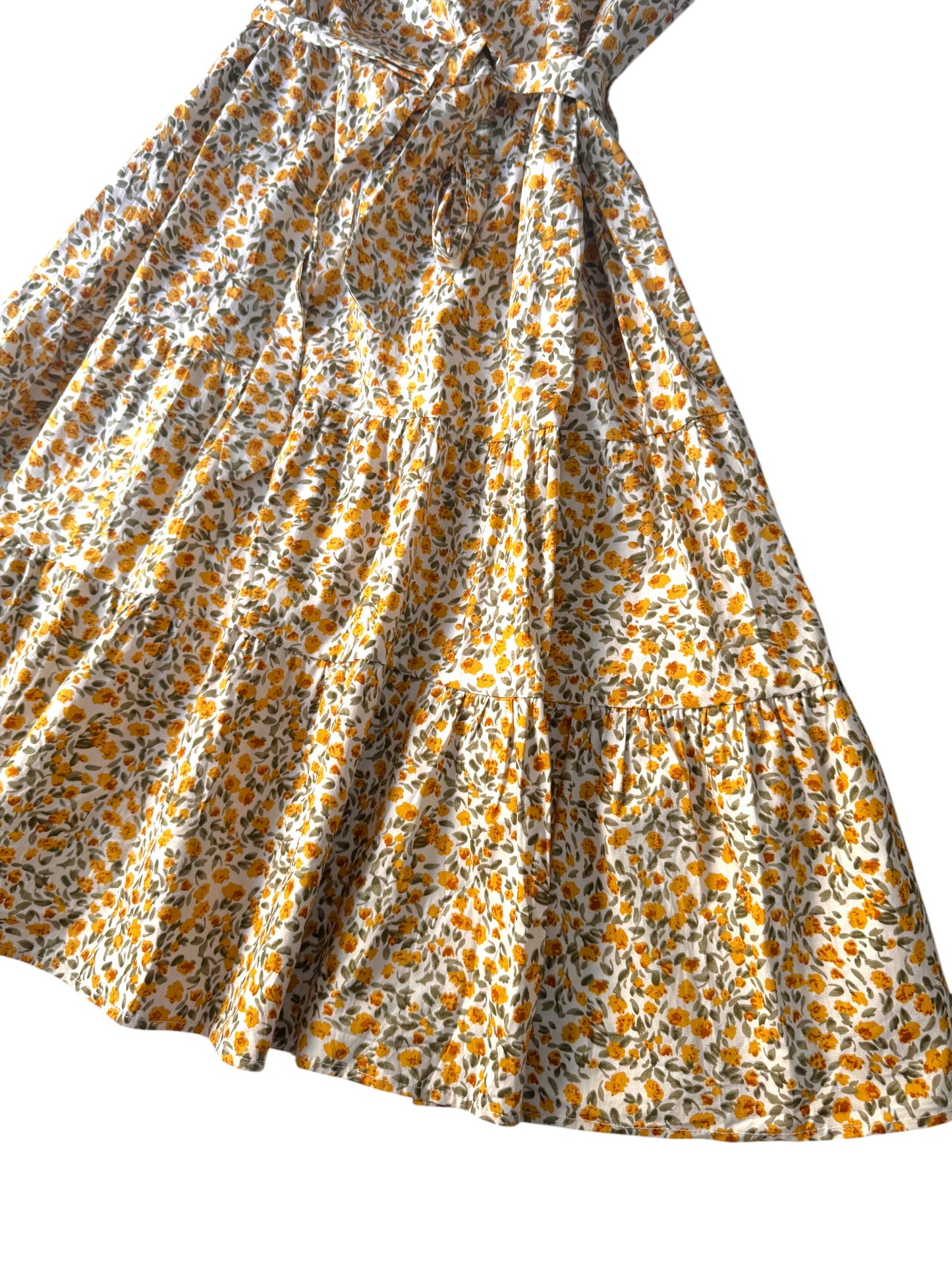 Valleygirl Yellow Micro Floral Cotton Midi Tiered Dress – Sleeveless with Collar