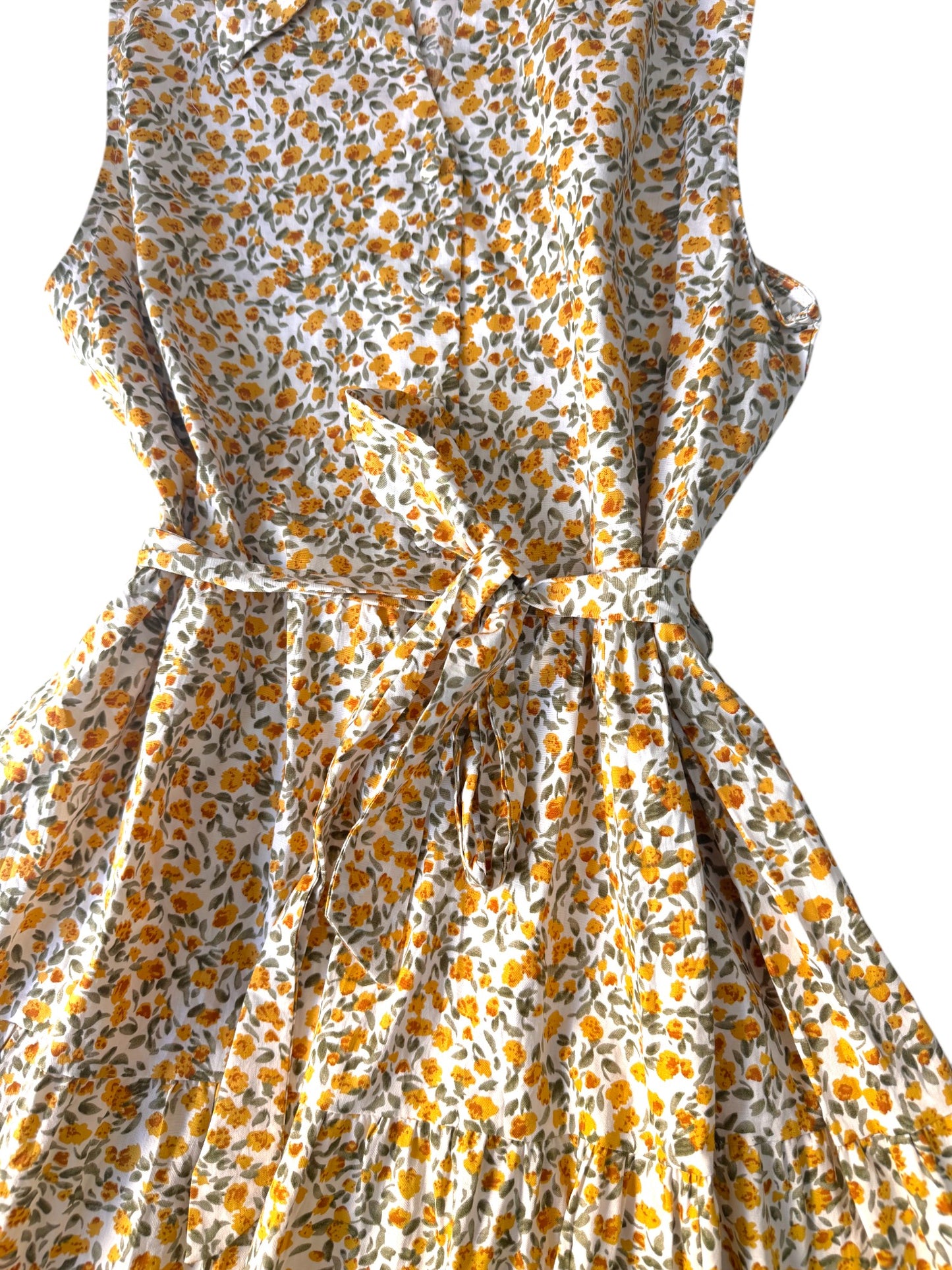 Valleygirl Yellow Micro Floral Cotton Midi Tiered Dress – Sleeveless with Collar