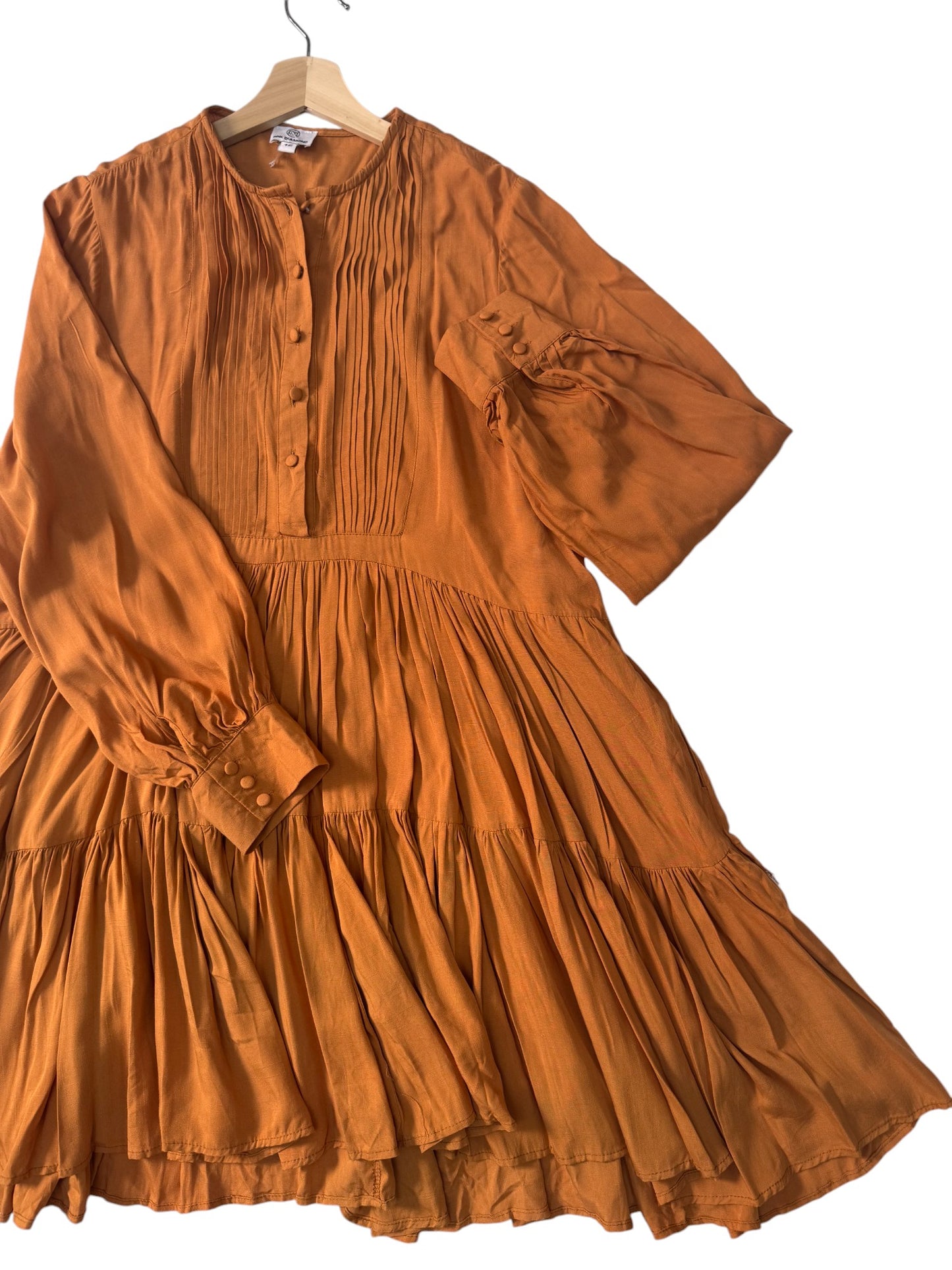 Terracotta Boho Tiered Baby Doll Dress – Loose Fit with Long Bishop Sleeves & Pockets