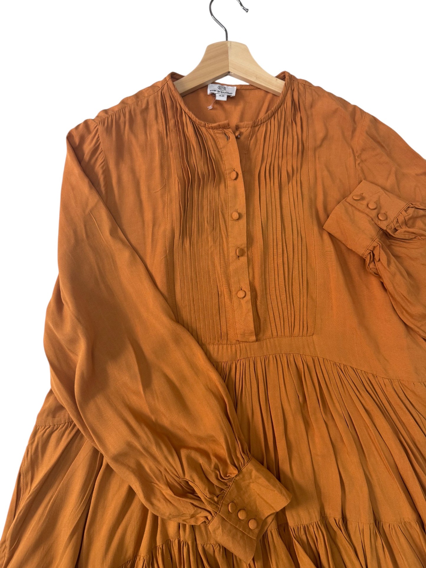 Terracotta Boho Tiered Baby Doll Dress – Loose Fit with Long Bishop Sleeves & Pockets