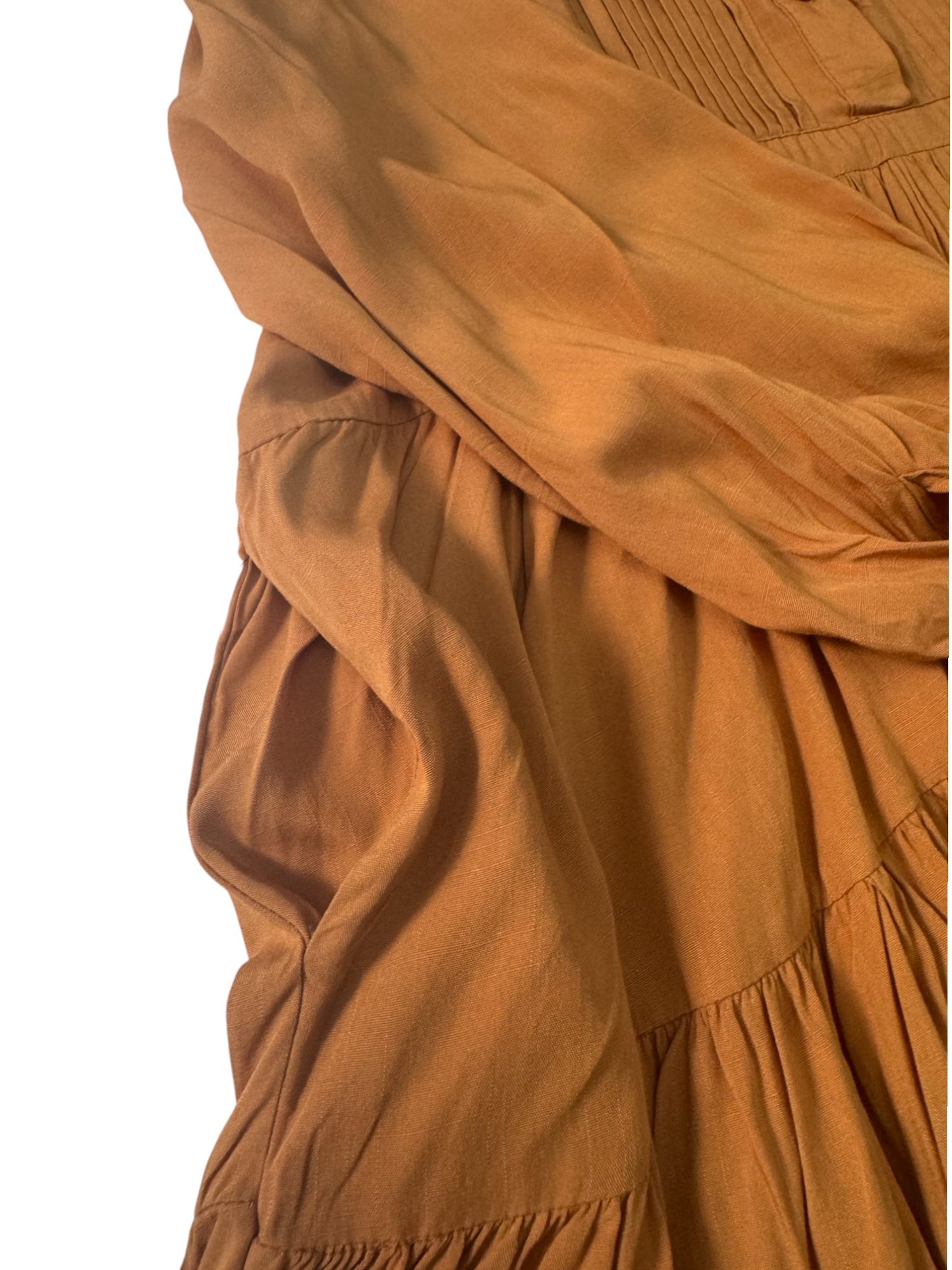 Terracotta Boho Tiered Baby Doll Dress – Loose Fit with Long Bishop Sleeves & Pockets