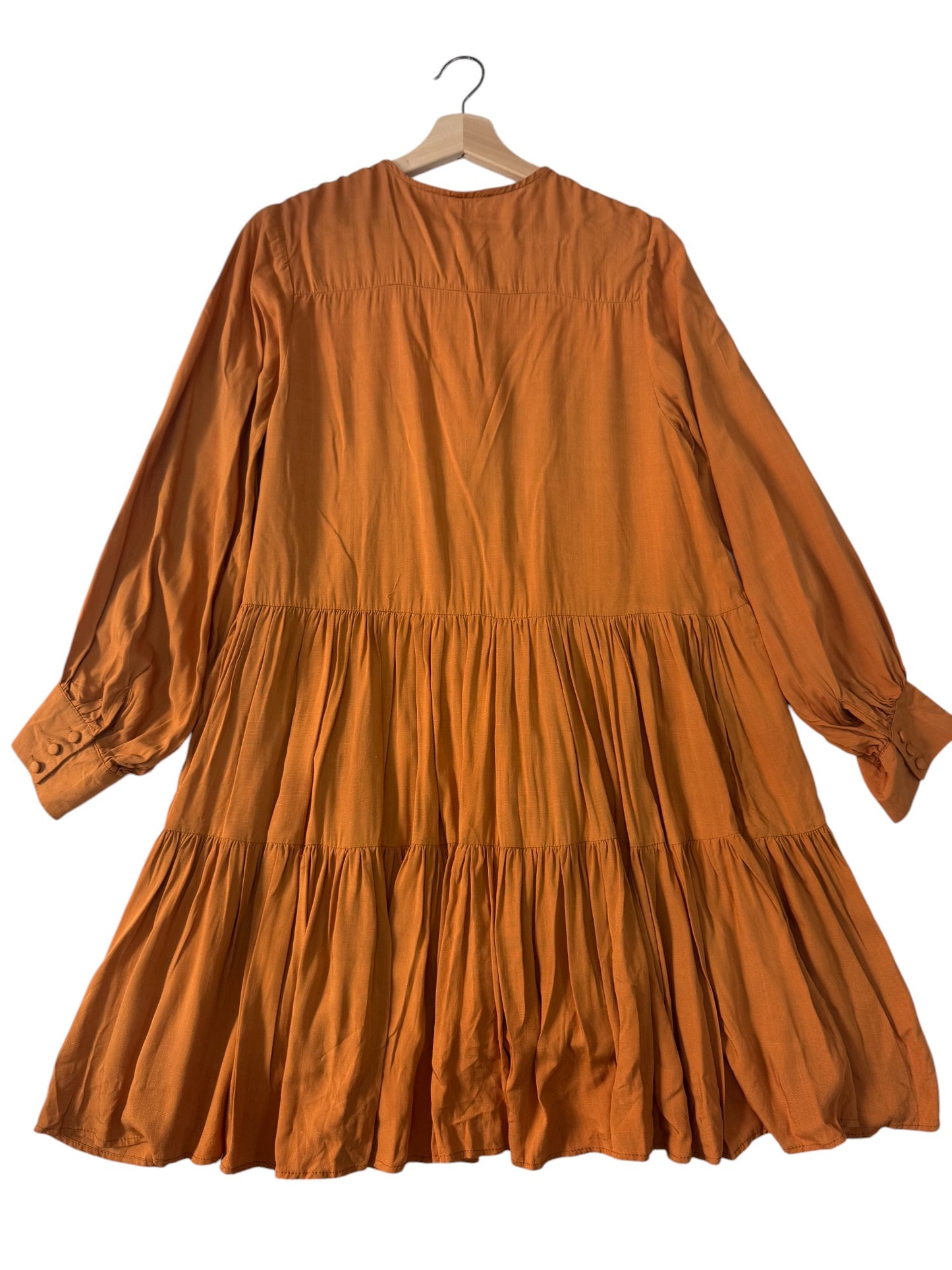 Terracotta Boho Tiered Baby Doll Dress – Loose Fit with Long Bishop Sleeves & Pockets