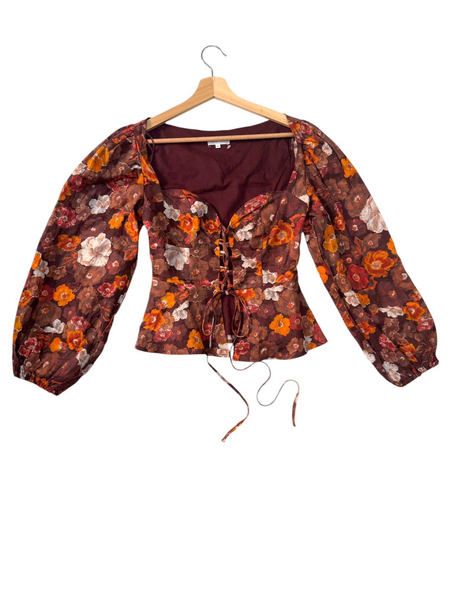 Vintage-Inspired Brown Floral Sweetheart Linen Peplum Blouse