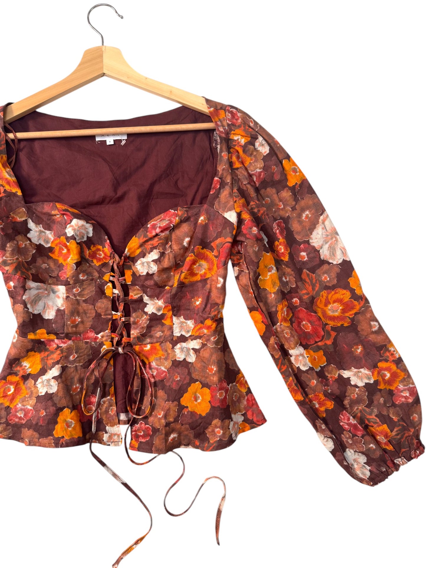 Vintage-Inspired Brown Floral Sweetheart Linen Peplum Blouse