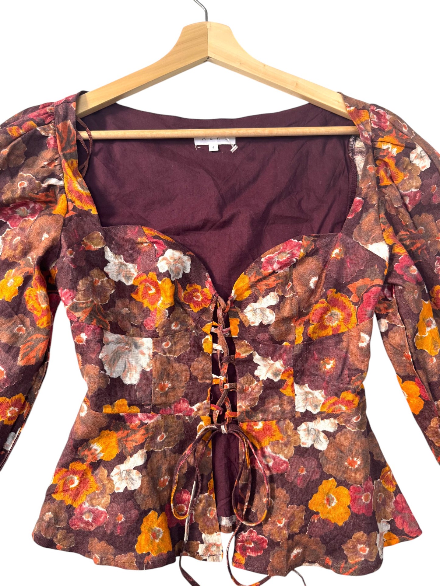 Vintage-Inspired Brown Floral Sweetheart Linen Peplum Blouse