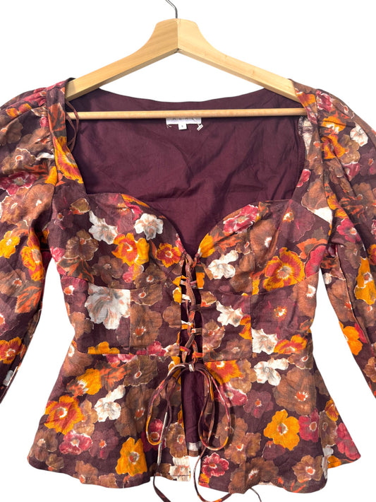Vintage-Inspired Brown Floral Sweetheart Linen Peplum Blouse
