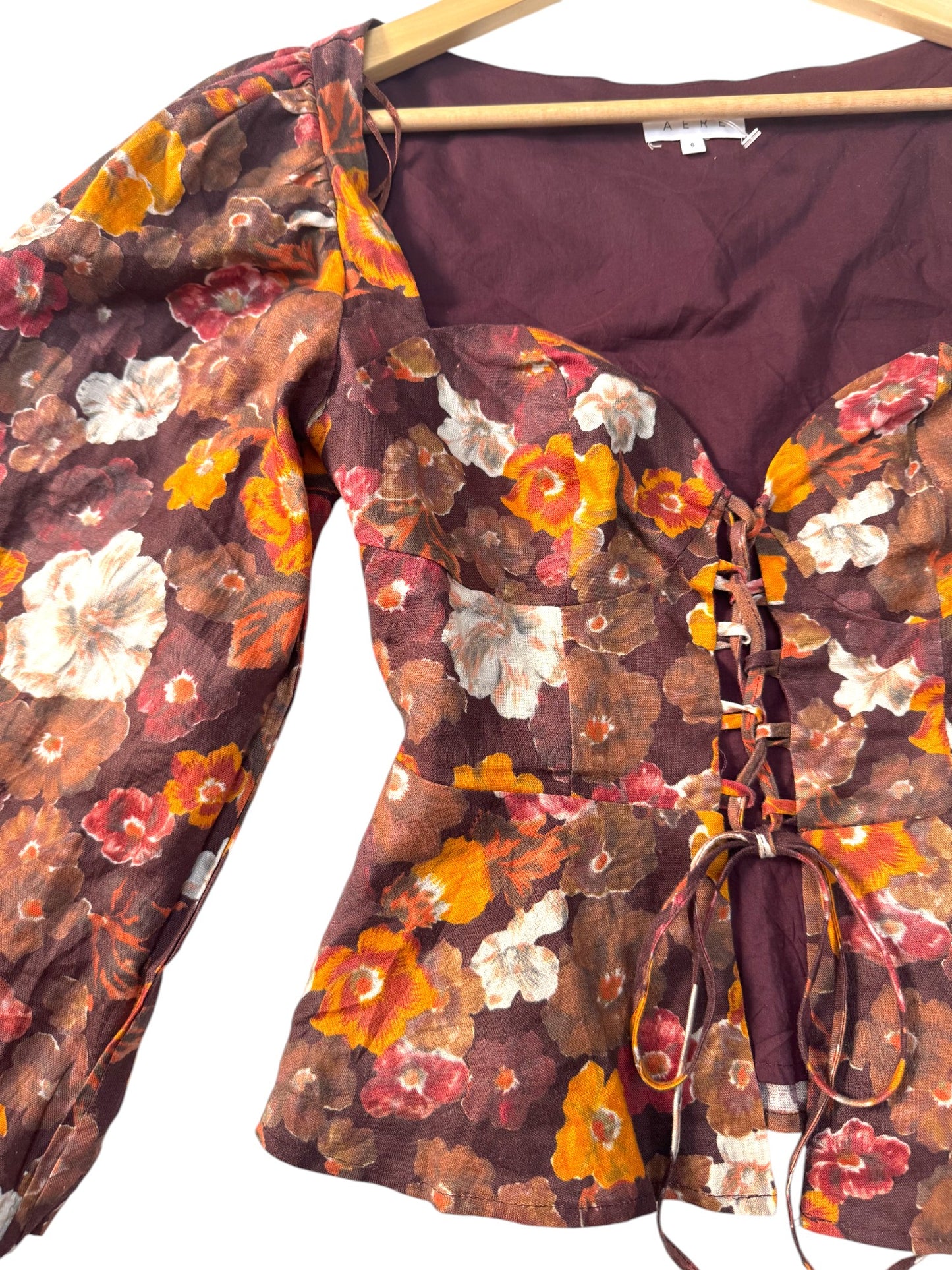 Vintage-Inspired Brown Floral Sweetheart Linen Peplum Blouse