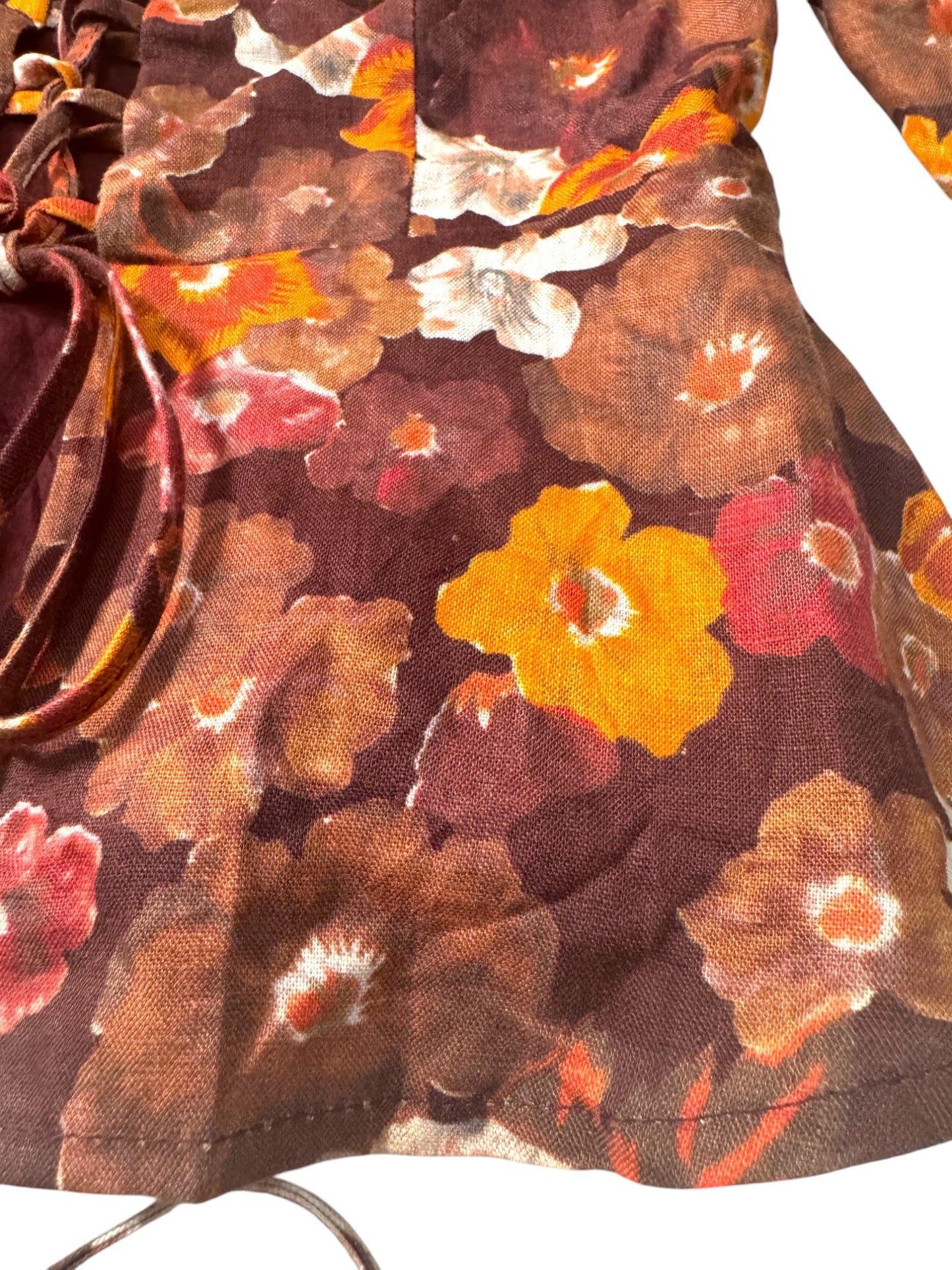 Vintage-Inspired Brown Floral Sweetheart Linen Peplum Blouse