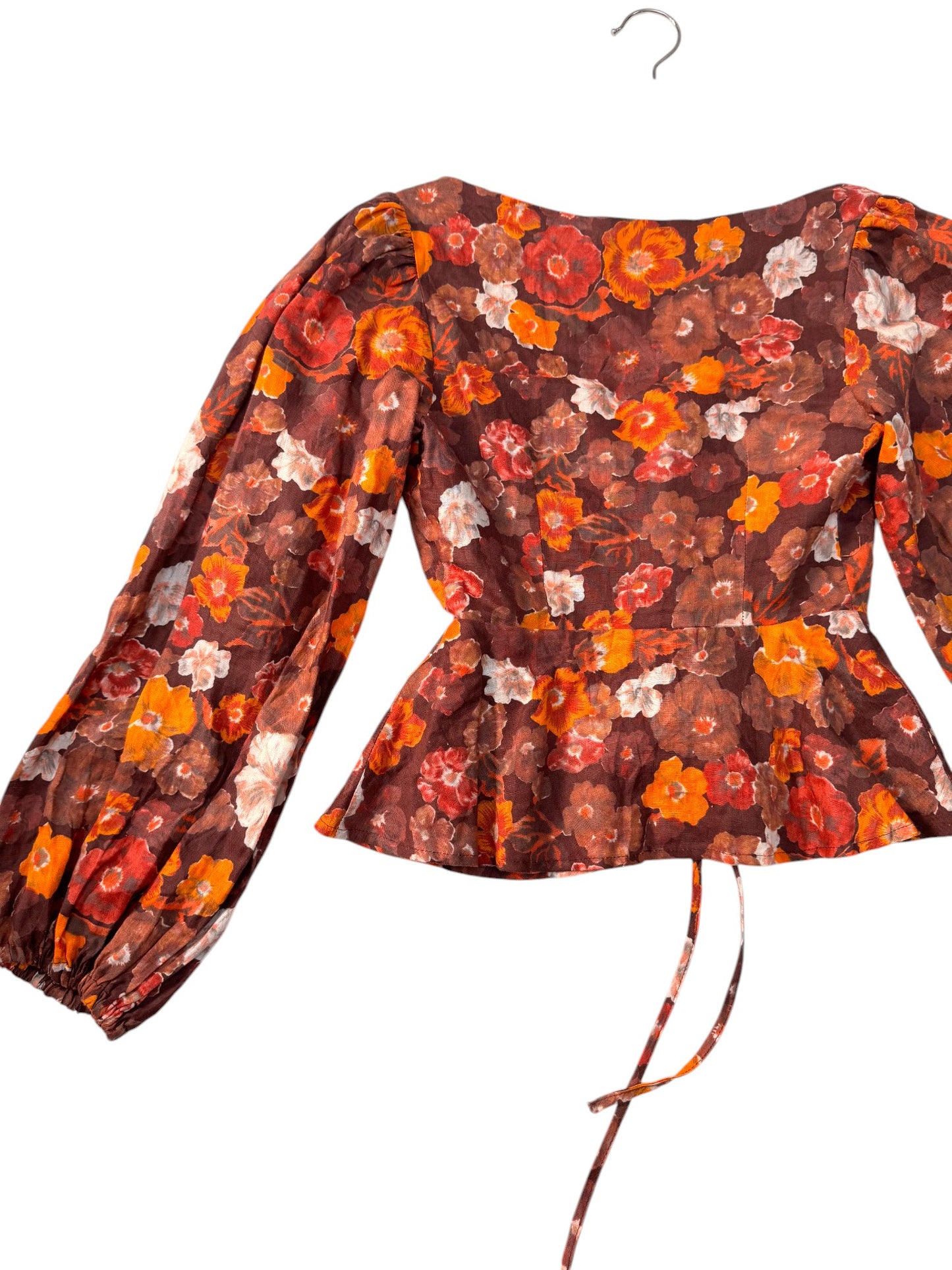 Vintage-Inspired Brown Floral Sweetheart Linen Peplum Blouse