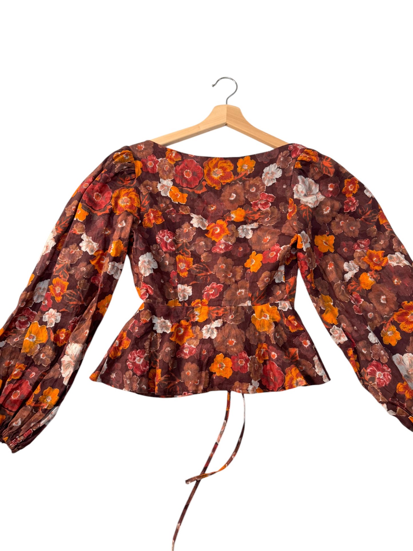Vintage-Inspired Brown Floral Sweetheart Linen Peplum Blouse