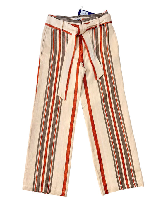 Rebecca Mlnkoff Moly High-Rise Wide-Leg Pants – Beige with Brown Stripes, Belted Waist & Pockets