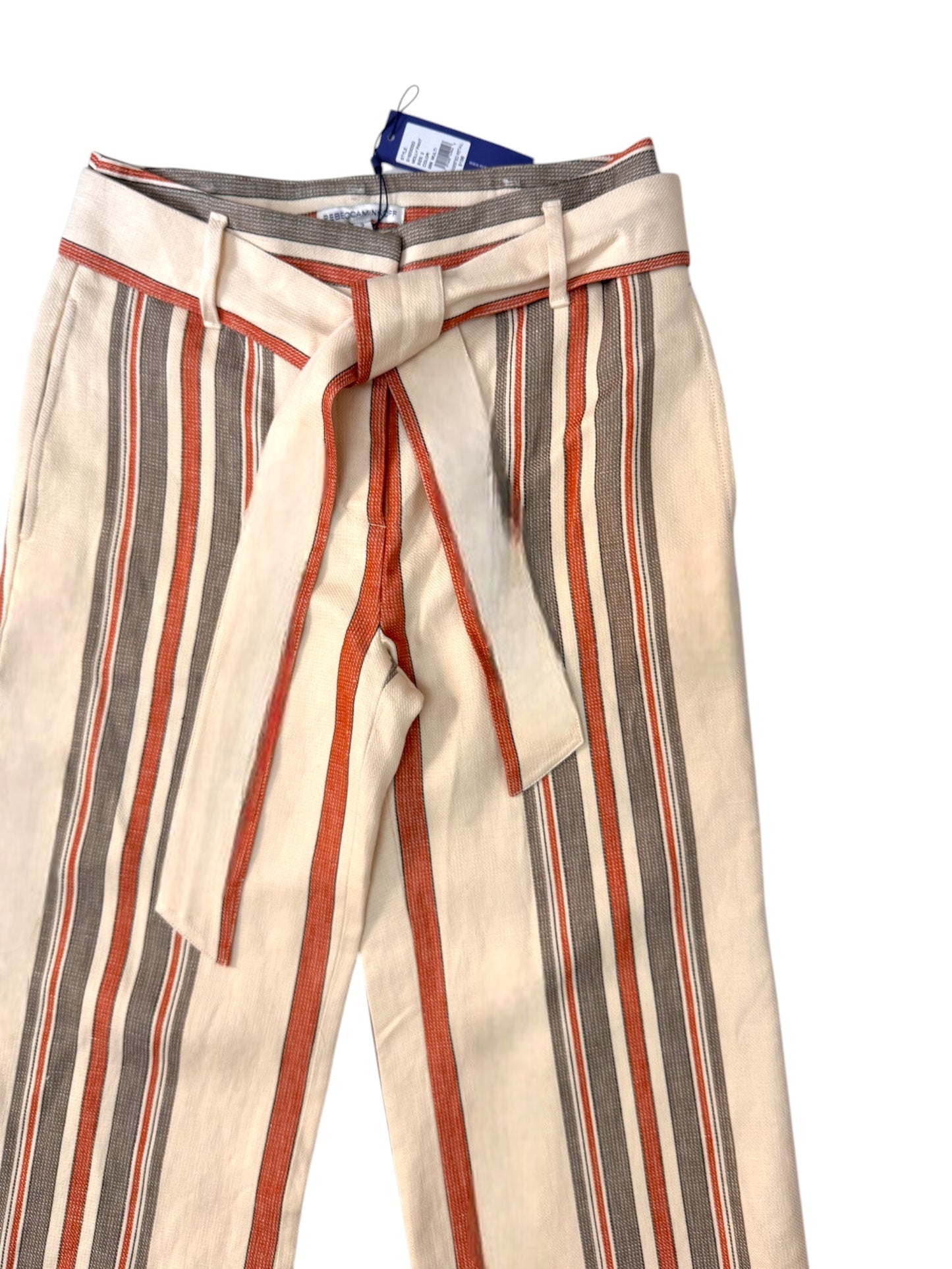 Rebecca Mlnkoff Moly High-Rise Wide-Leg Pants – Beige with Brown Stripes, Belted Waist & Pockets